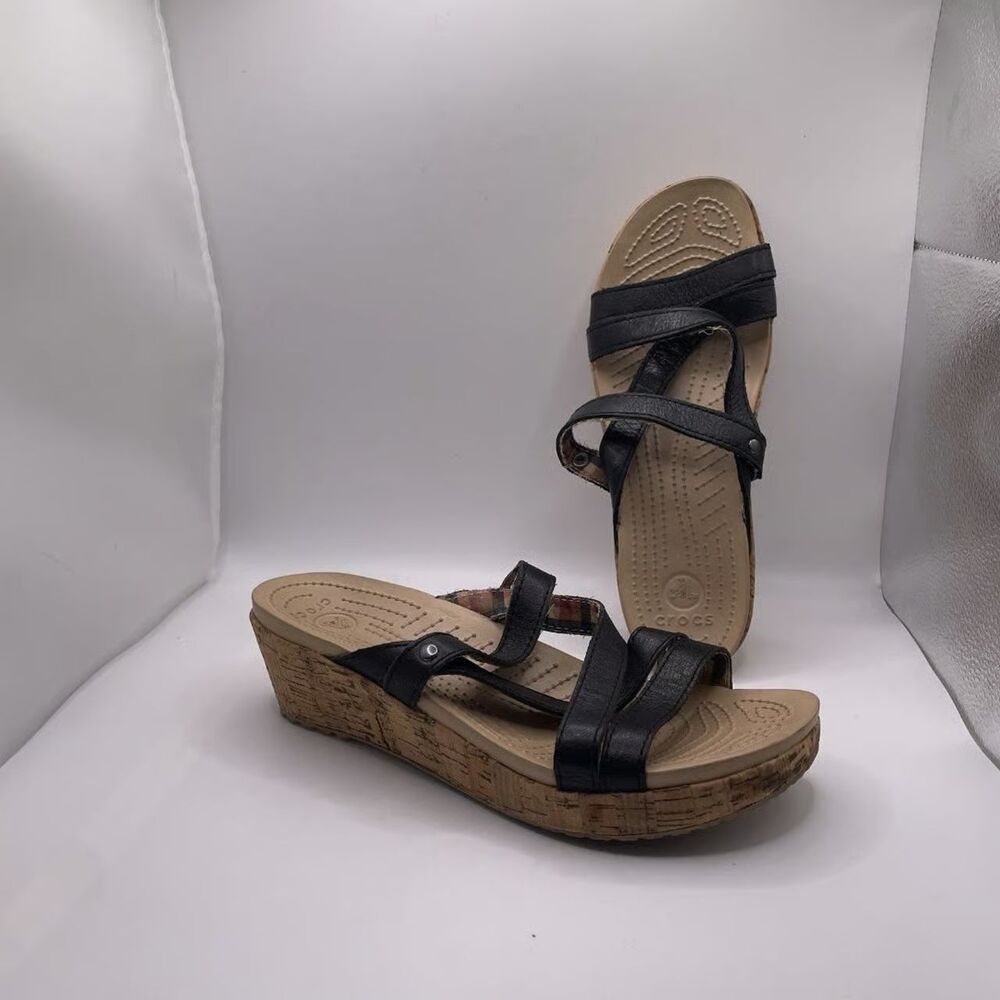 Crocs A Leigh Wedge Cork Sandal Womens 7 Plaid Preppy Beach Summer Business Work